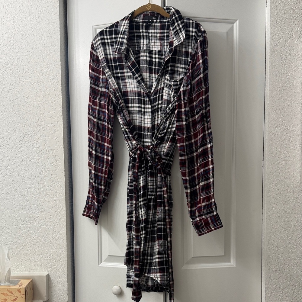 AQUA plaid midi long sleeve button down shirt dress Large